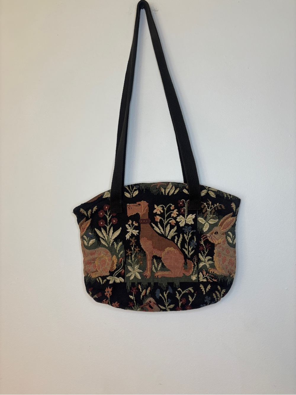 Vintage Tapestry Animal Motif Shoulder Bag - Black/Brown - Picture 1 of 7